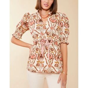 NEW SPARTINA 449 TATUM BLOUSE MYSTIC STENCIL Brown CORAL V-Neck Top LARGE NWT